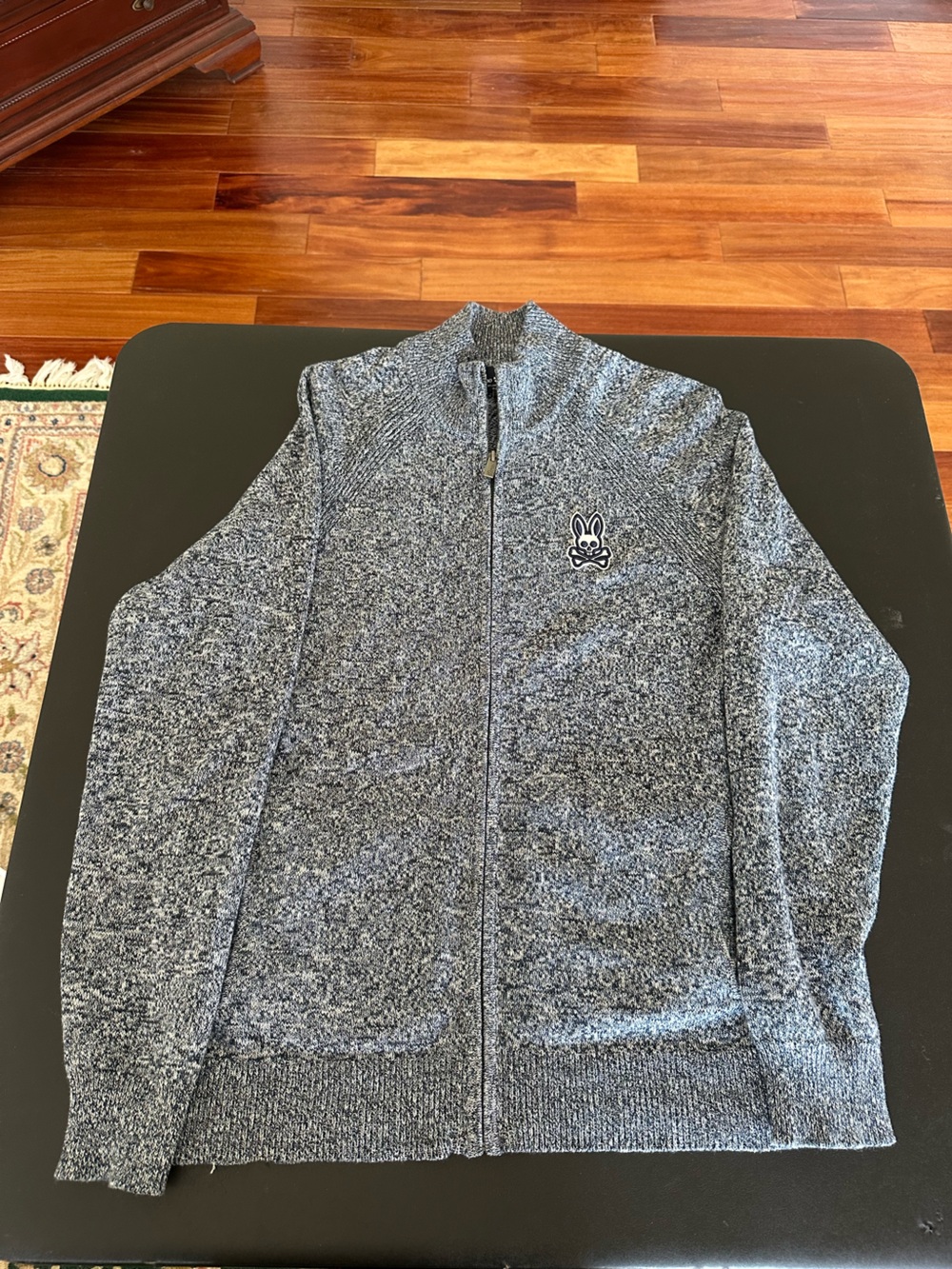 Psycho Bunny Men's Heather Gray Full Zip-Front Sweater with Bunny Patch Large
